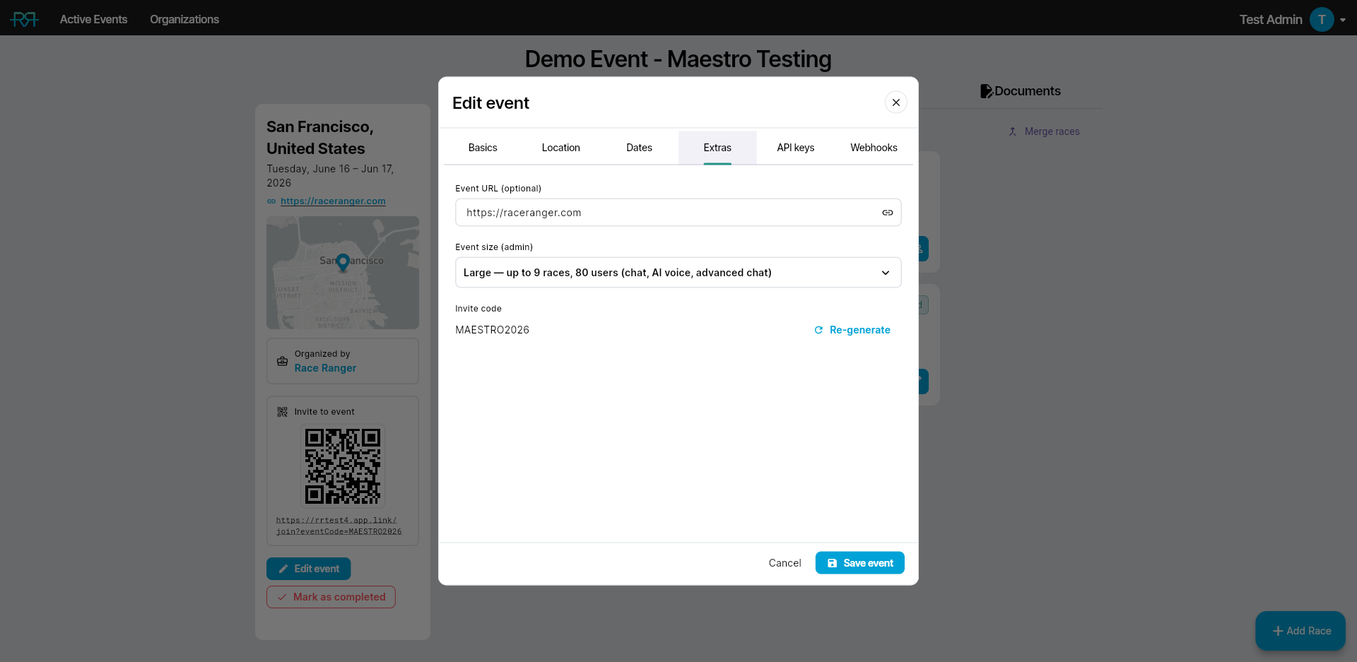 Edit Event modal — Extras tab with event size tier and invite code