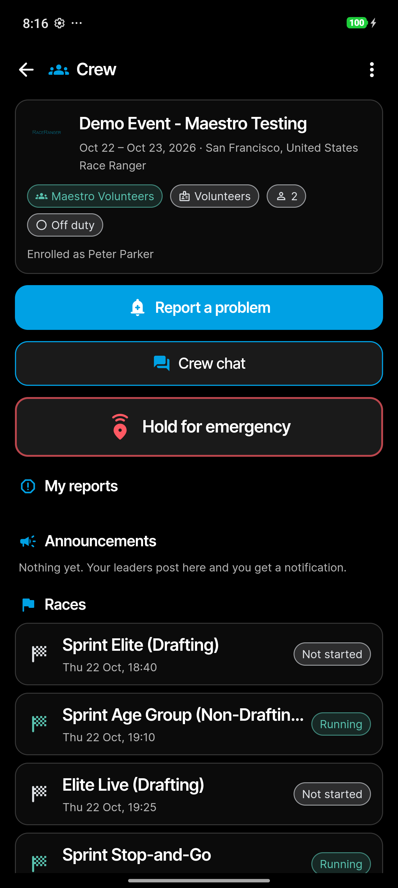 Crew screen with the event, the crew, Report a problem, Crew chat and Hold for emergency