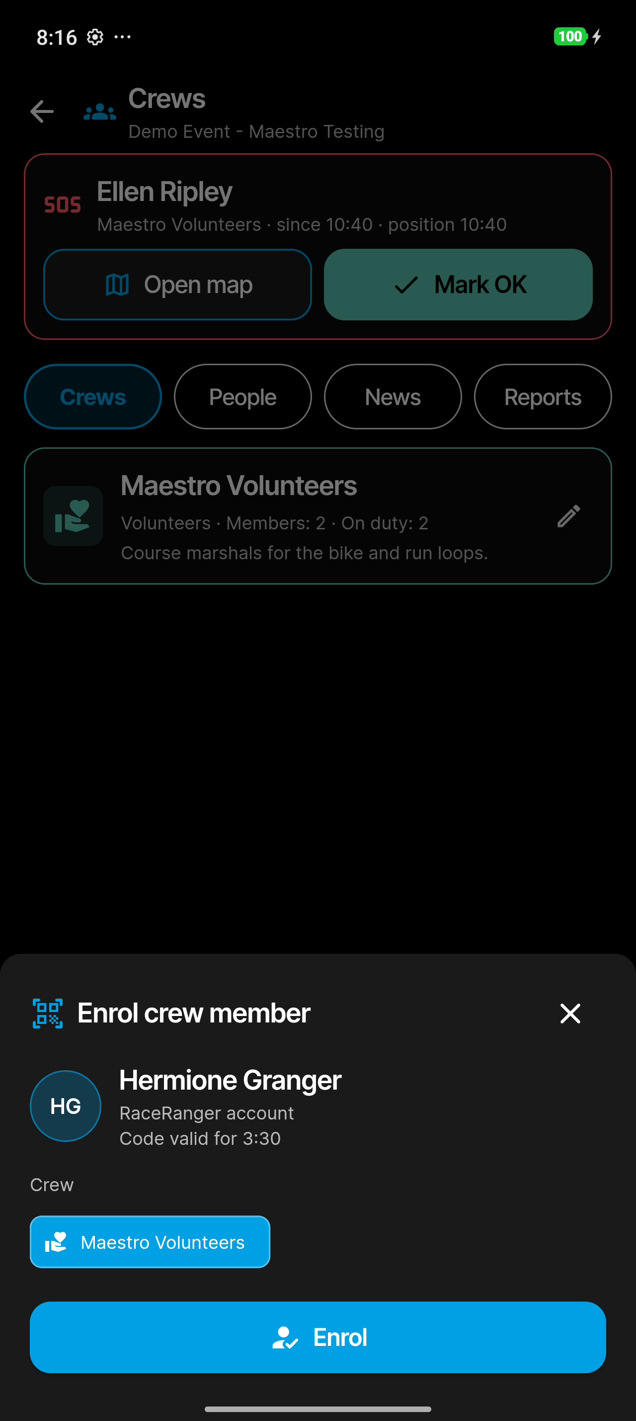 Enrol crew member sheet with name, account type, code timer and crew