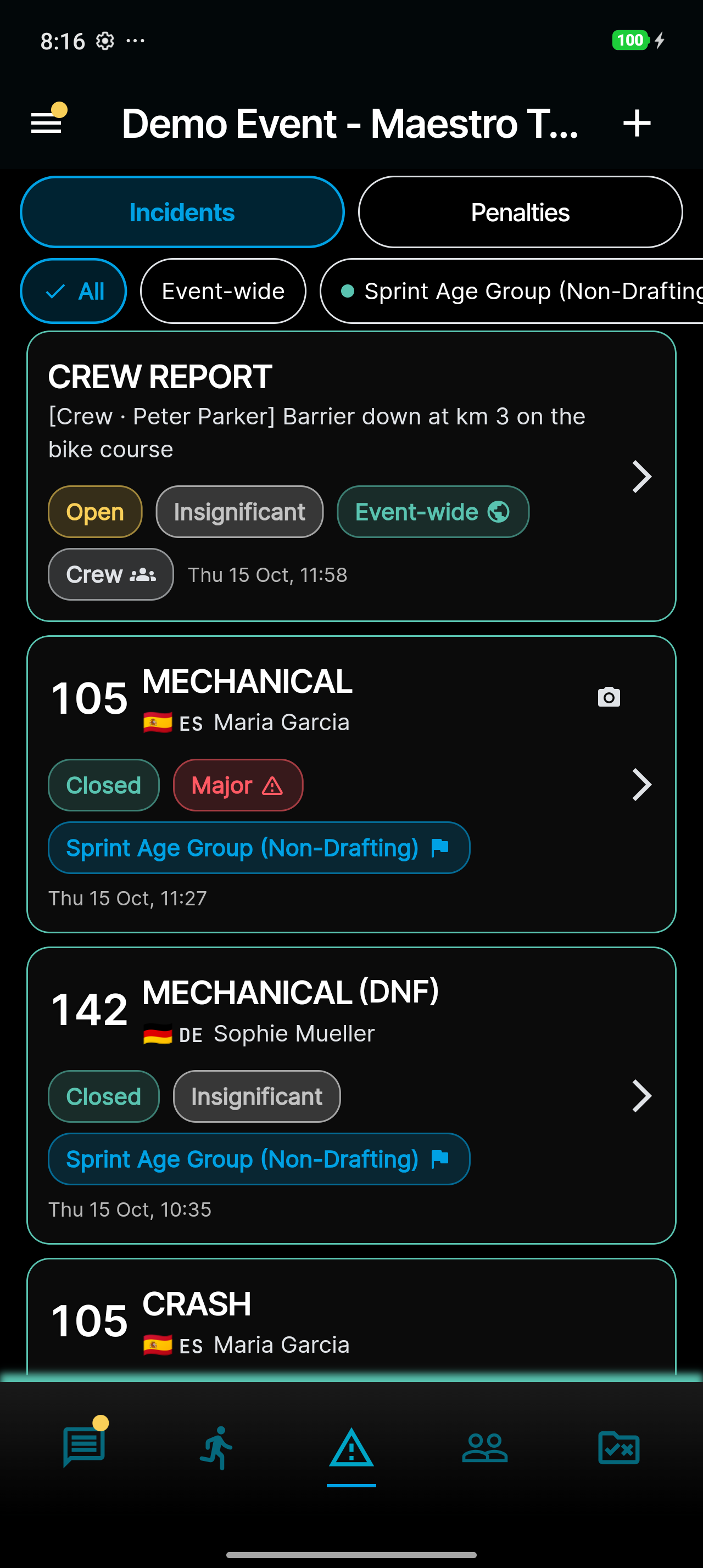 An accepted crew report in the event's incidents list