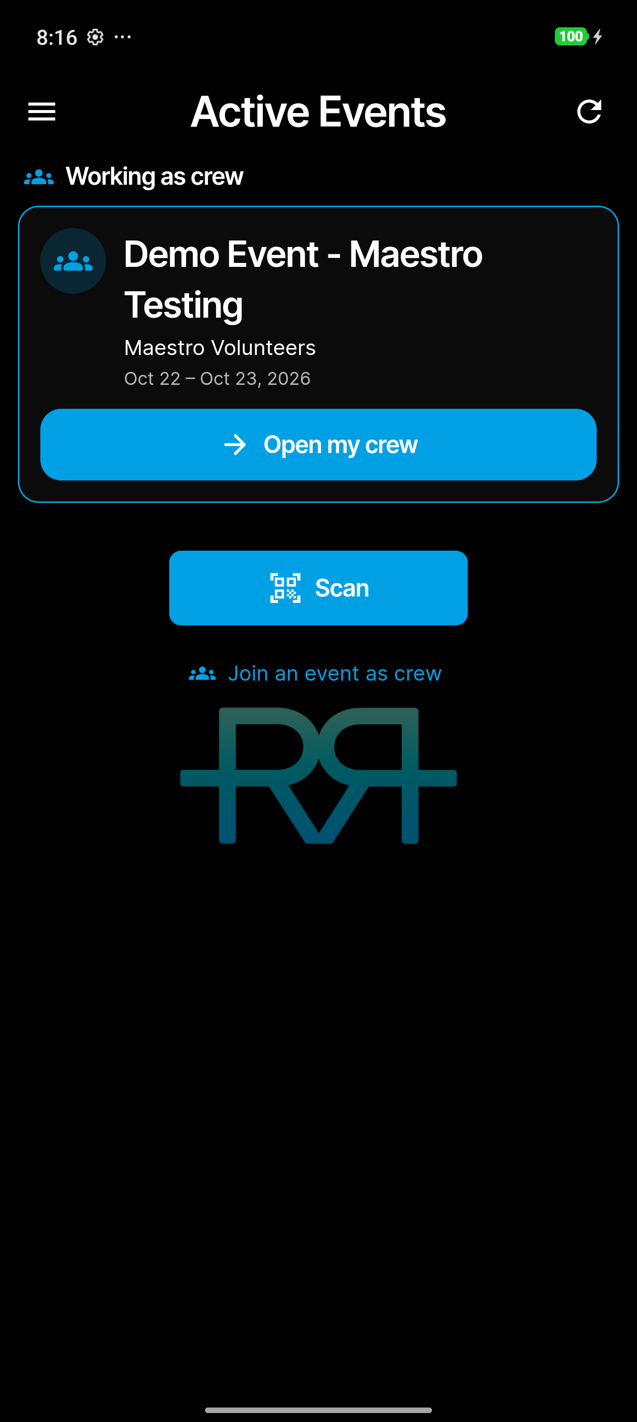 Events list with the Working as crew card and Open my crew