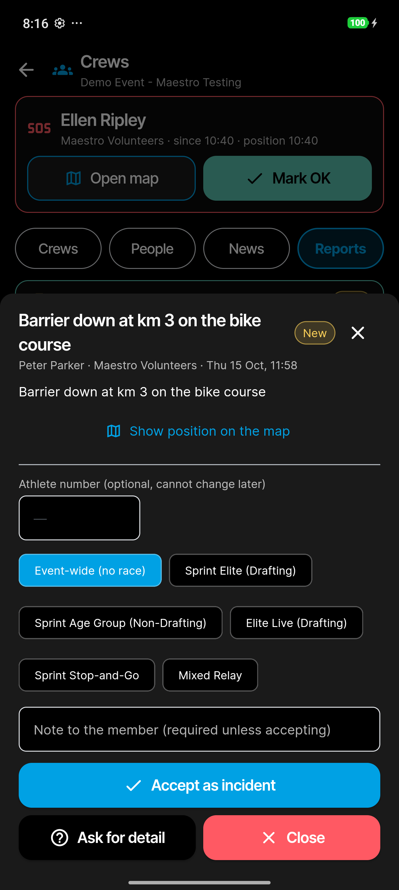 Reviewing a crew report: race picker, athlete number, note and the three actions