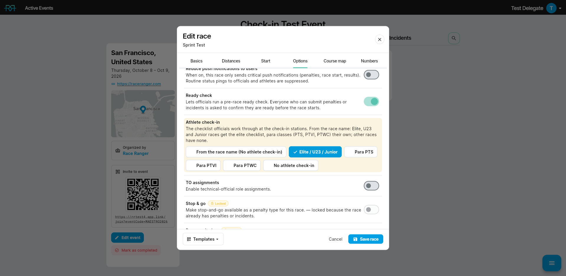 Race editor, Options tab with the athlete check-in choices