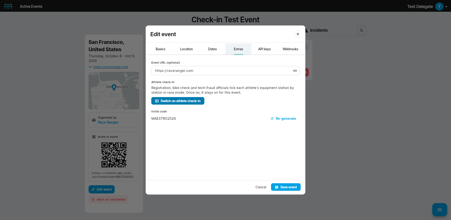 Edit event, Extras tab with the Switch on athlete check-in button