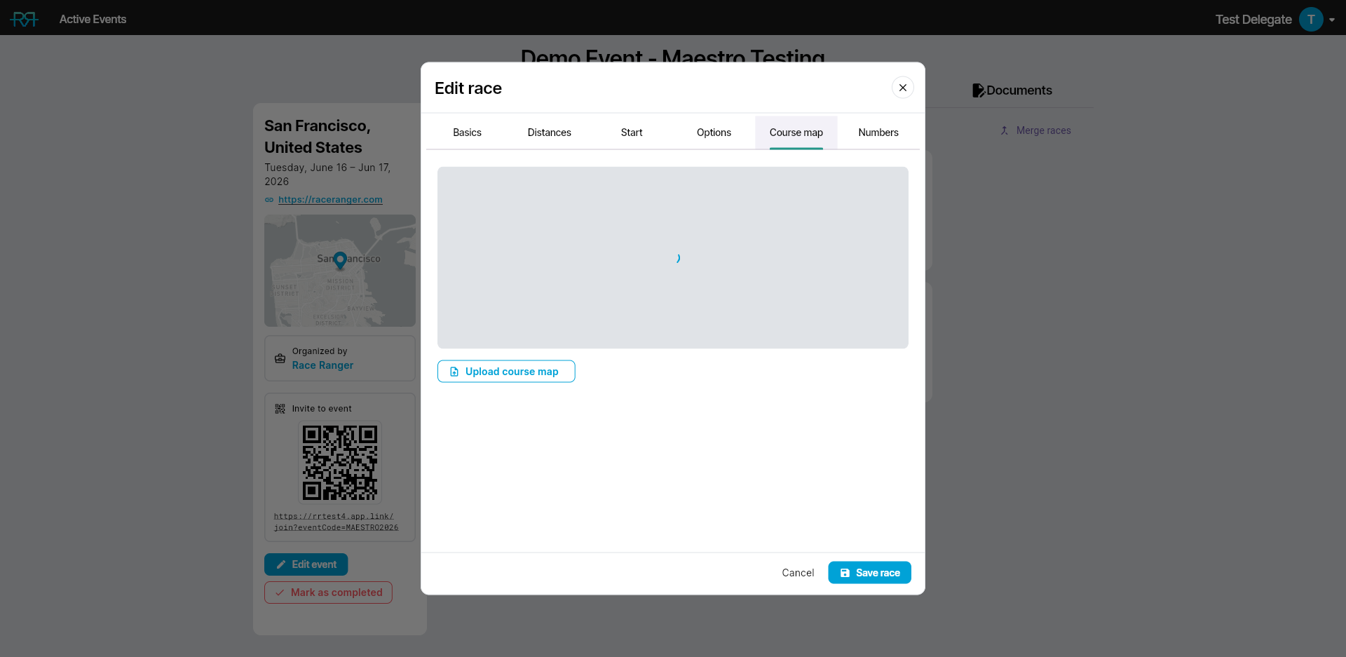 Race-edit dialog Course map tab — empty / upload state