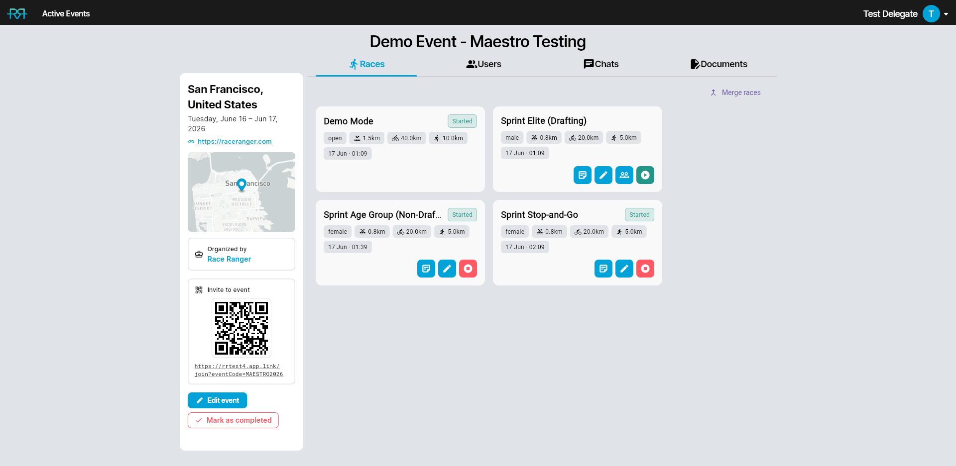 Event detail page showing the race list with three seeded races