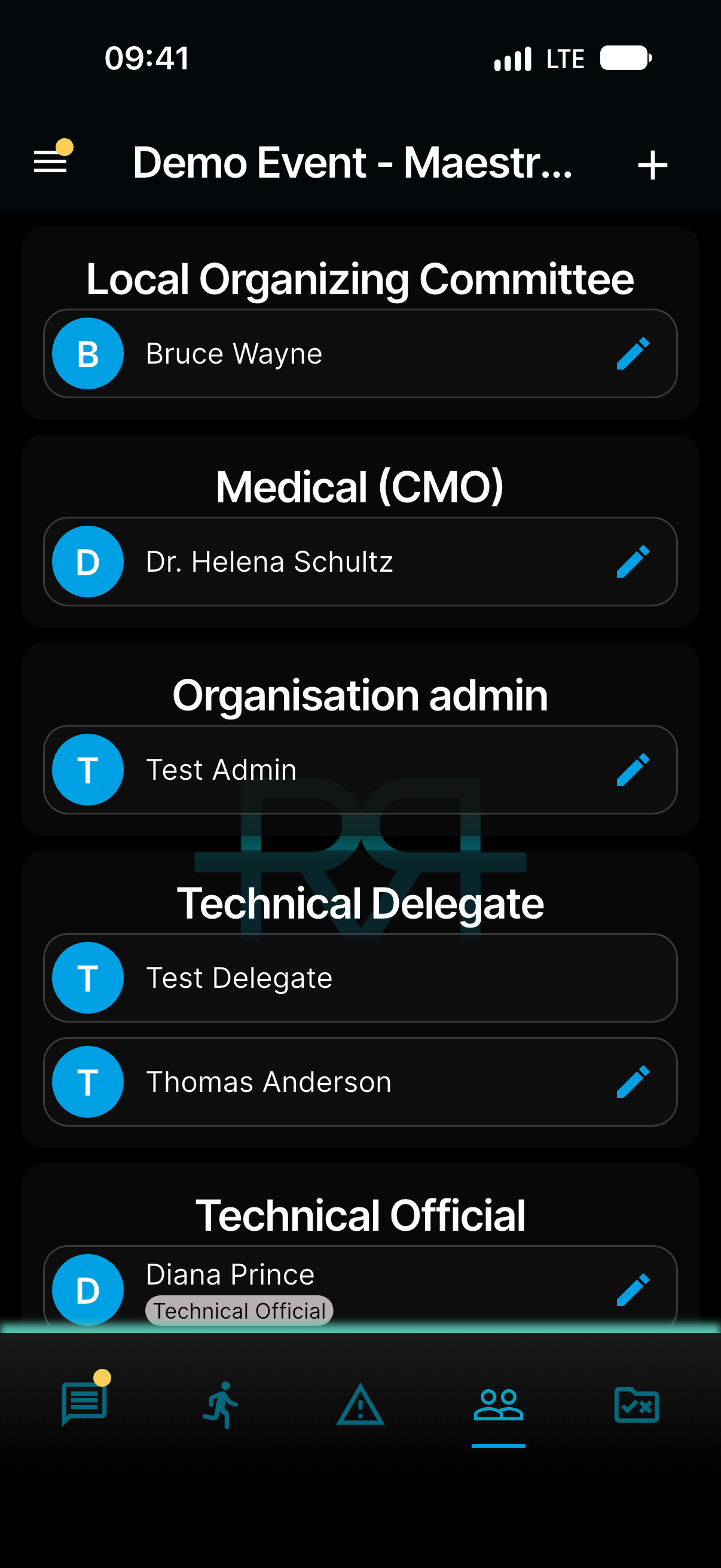 Users tab in the app, grouped by event role