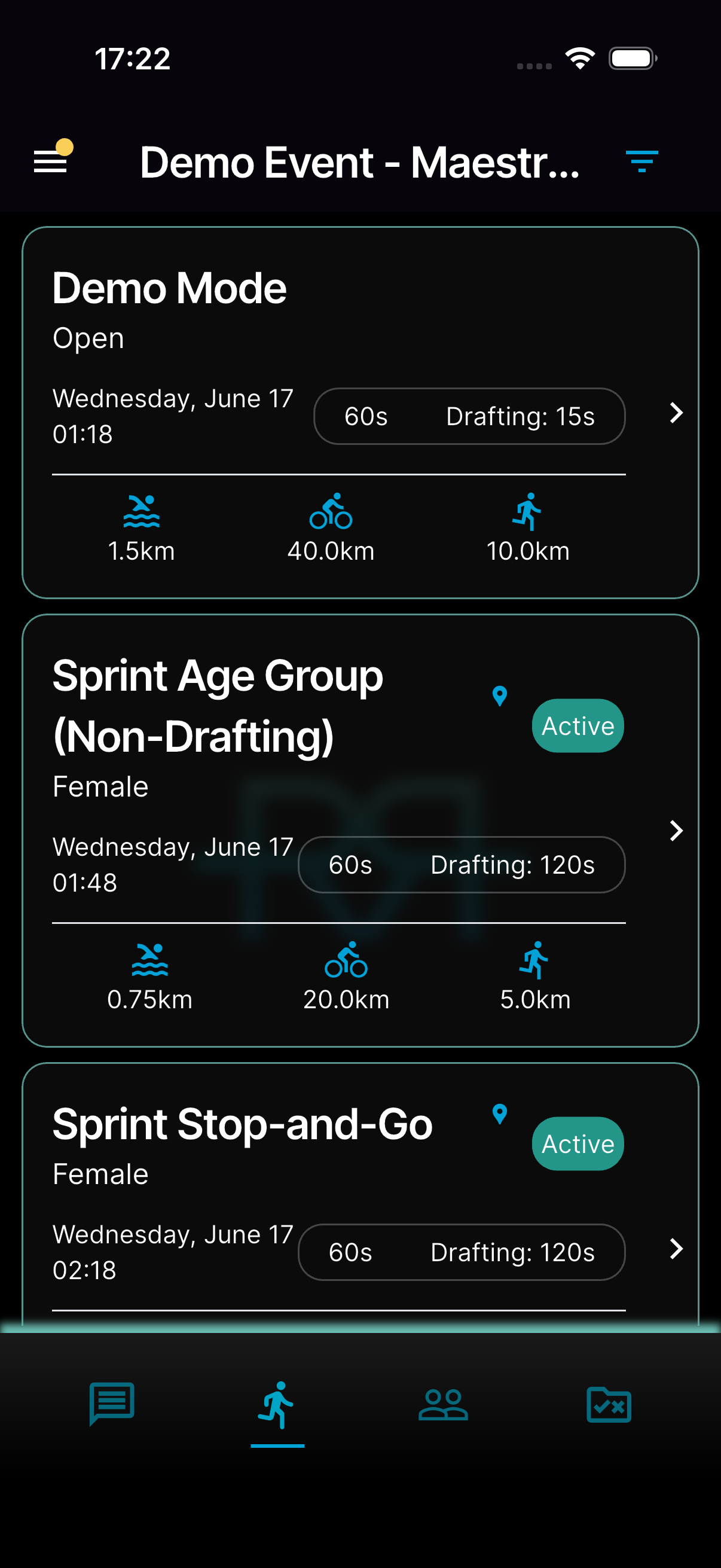 The event workspace — the race list with Active badges and the bottom tabs for Races, Documents, Chat, and Users