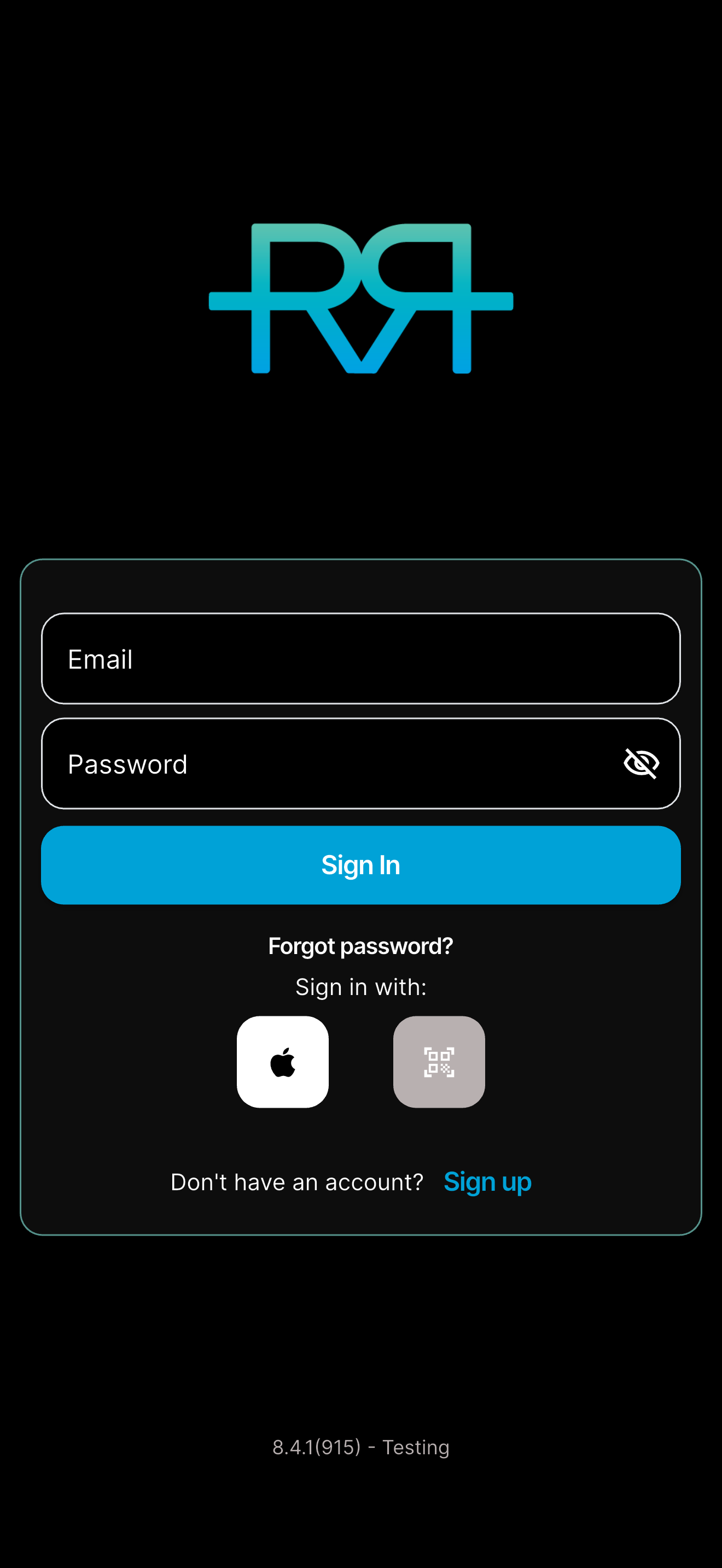 The RaceRanger sign-in screen — email and password fields, Apple sign-in, Forgot password, and the Sign up link