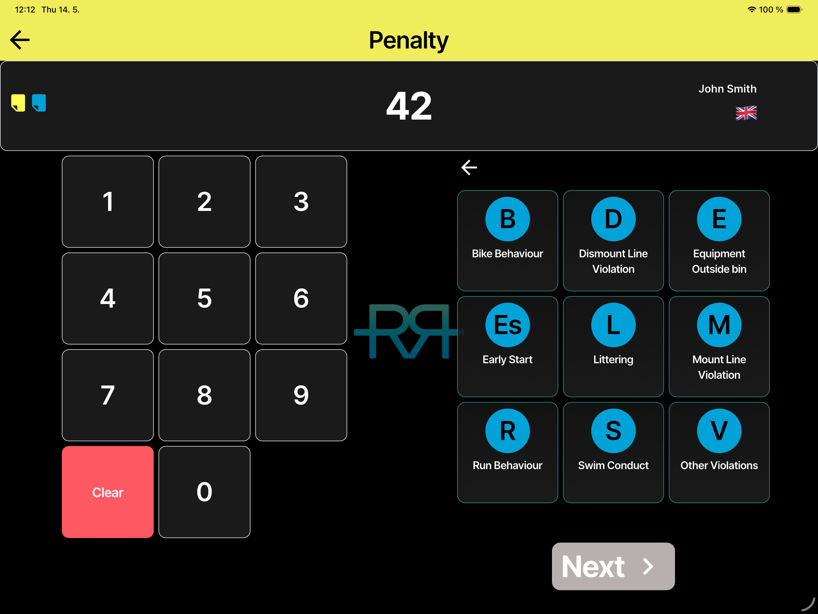 iPad landscape — type grid after picking Penalty
