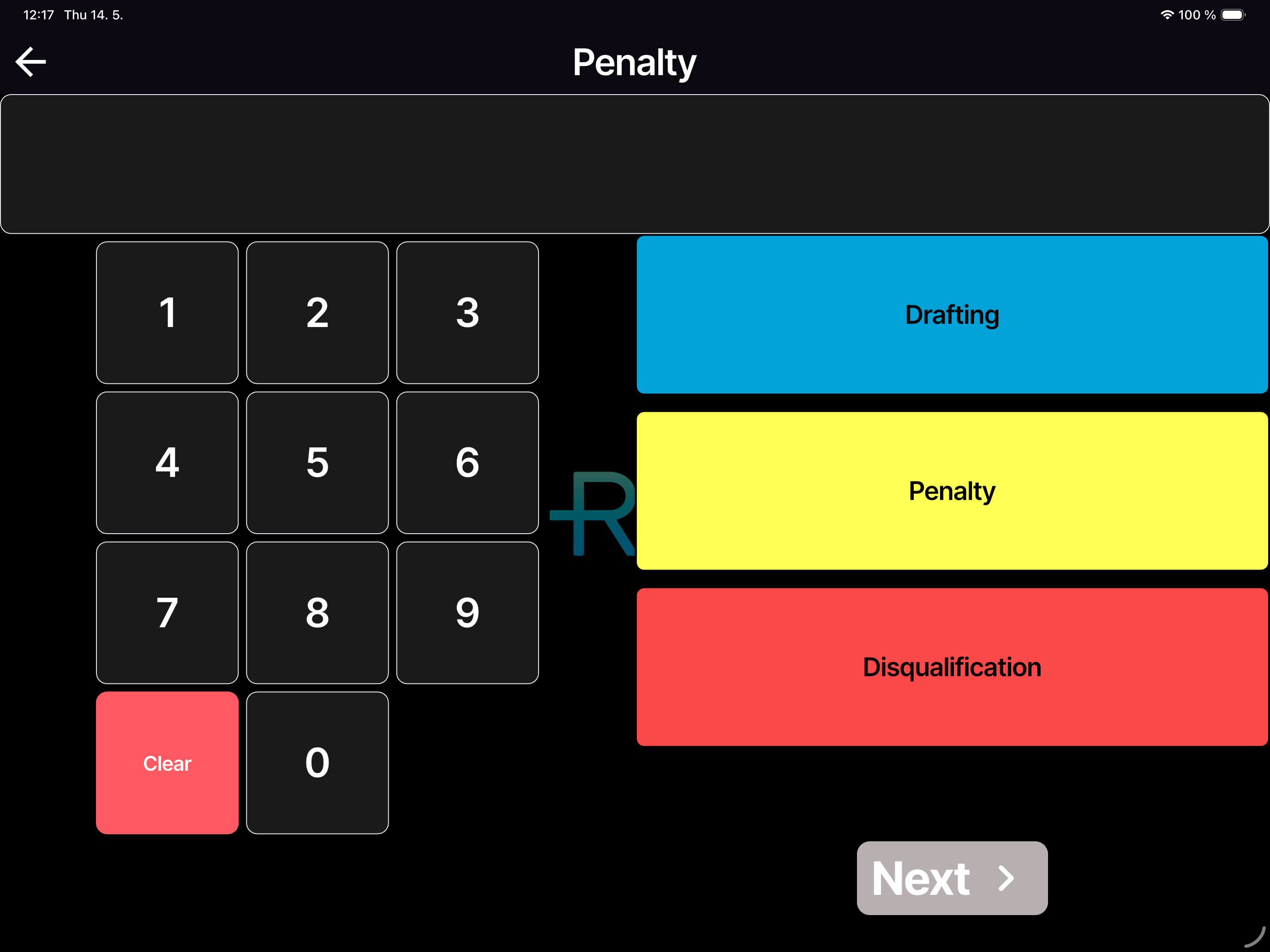 iPad landscape penalty entry — numpad, category buttons, Next