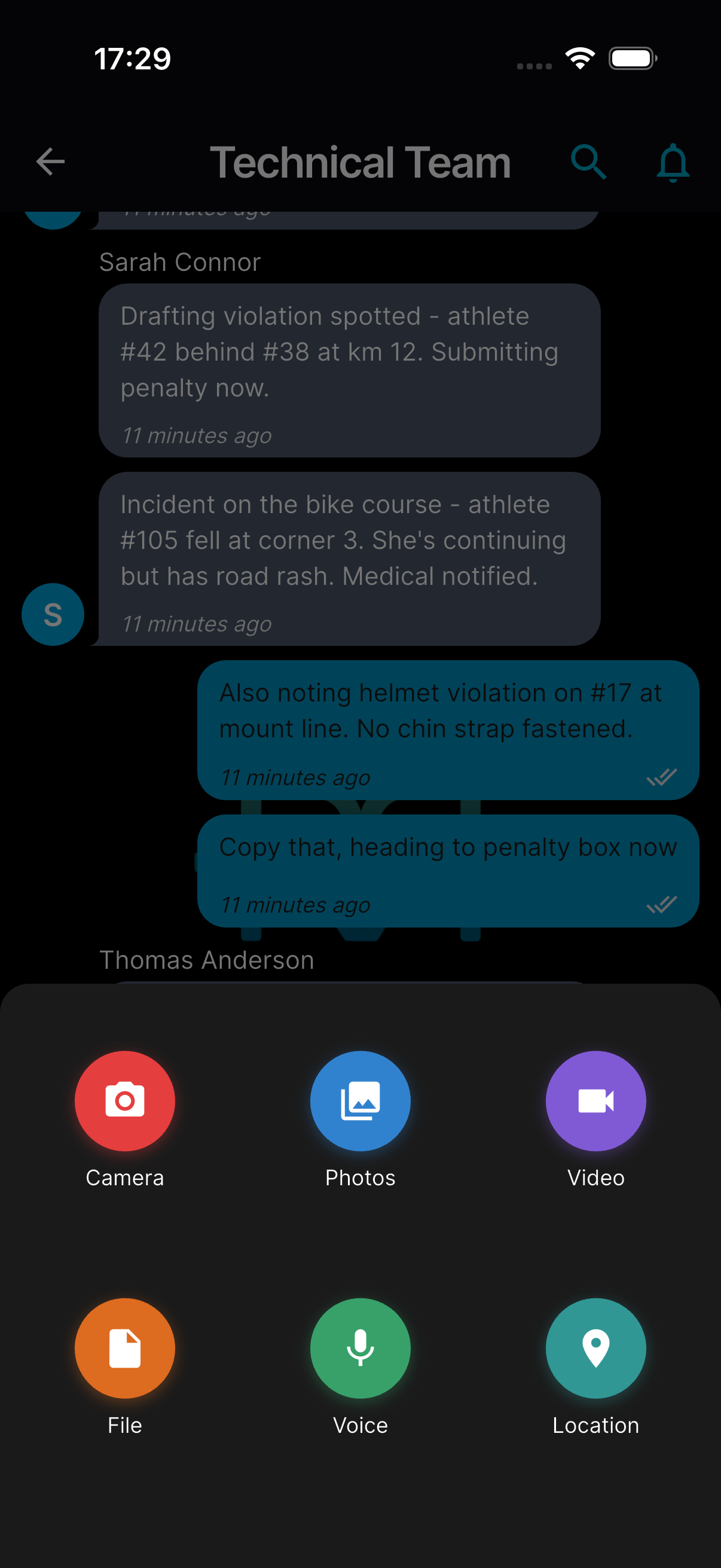Chat attachment options revealed by the + icon
