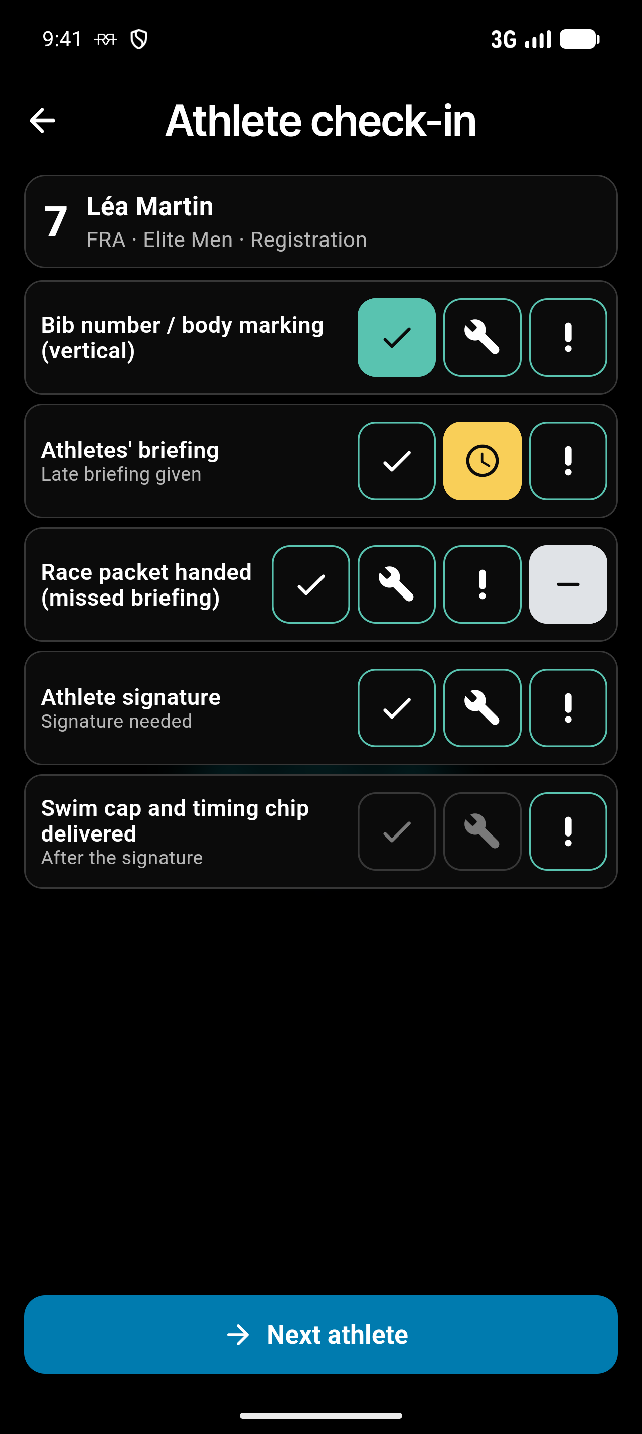 Registration checks for one athlete