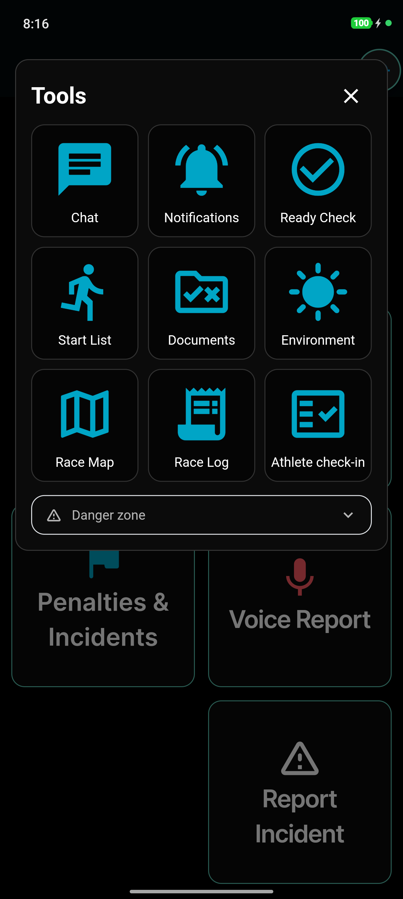 Race-mode Tools folder with the Athlete check-in tile