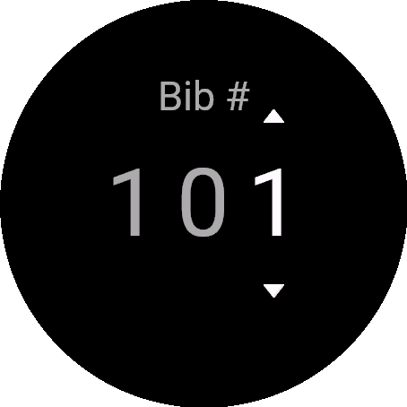 Garmin watch athlete-number entry — Athlete # 101 with up/down arrows