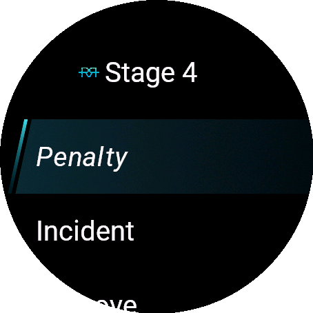 Garmin watch action picker — Penalty / Incident / Approve under the current stage