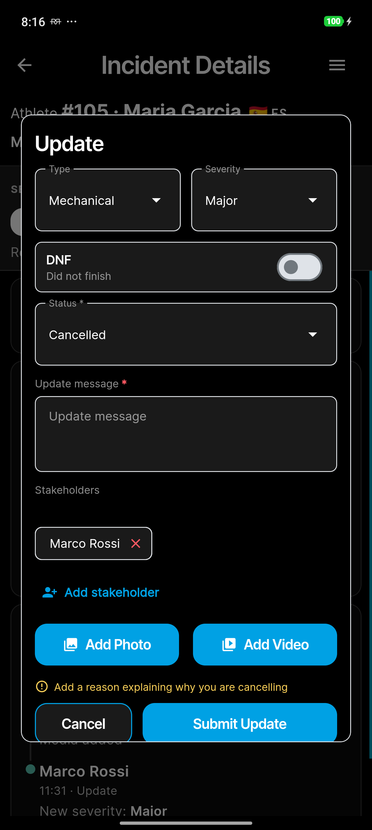 Cancelling an incident: the update message is required and a hint asks for a reason