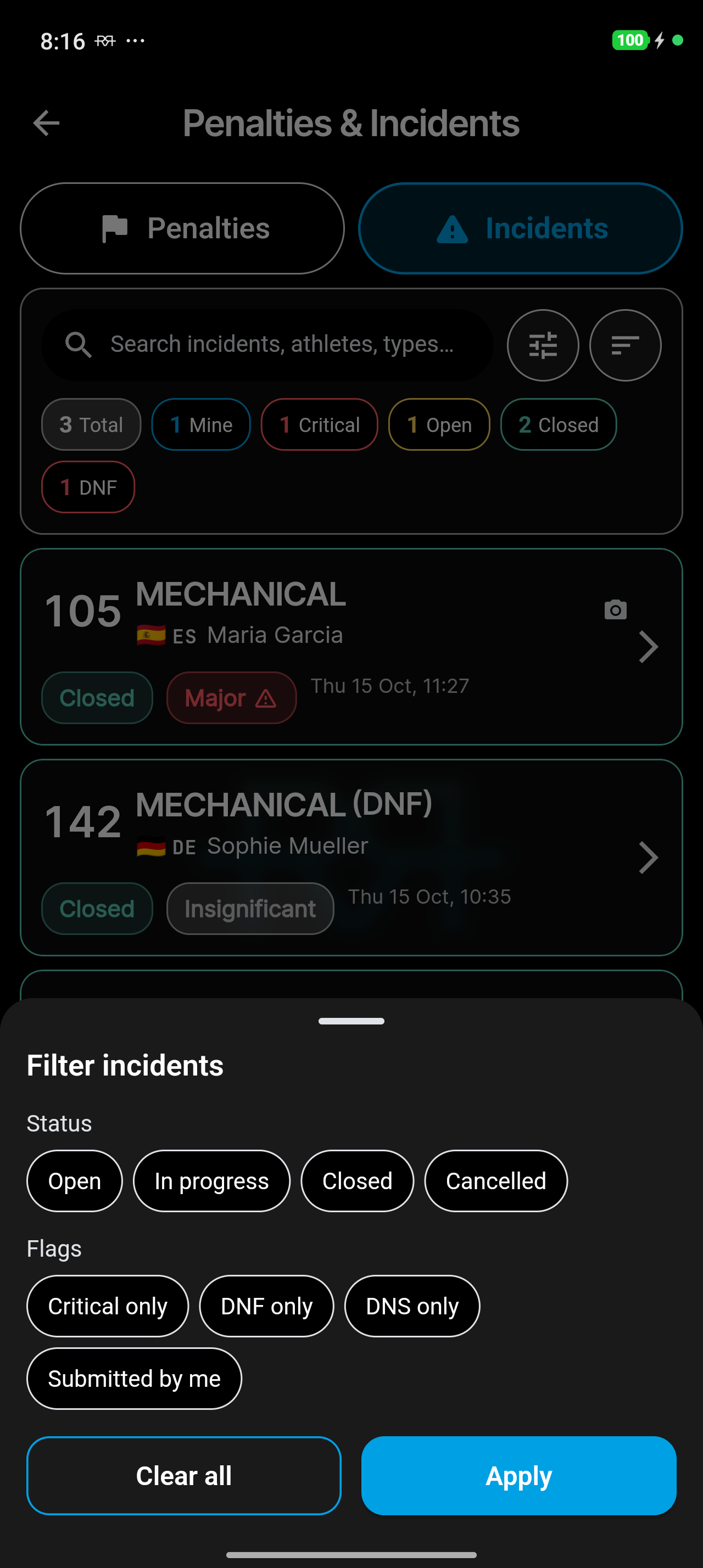 Filter incidents sheet with status and flag chips