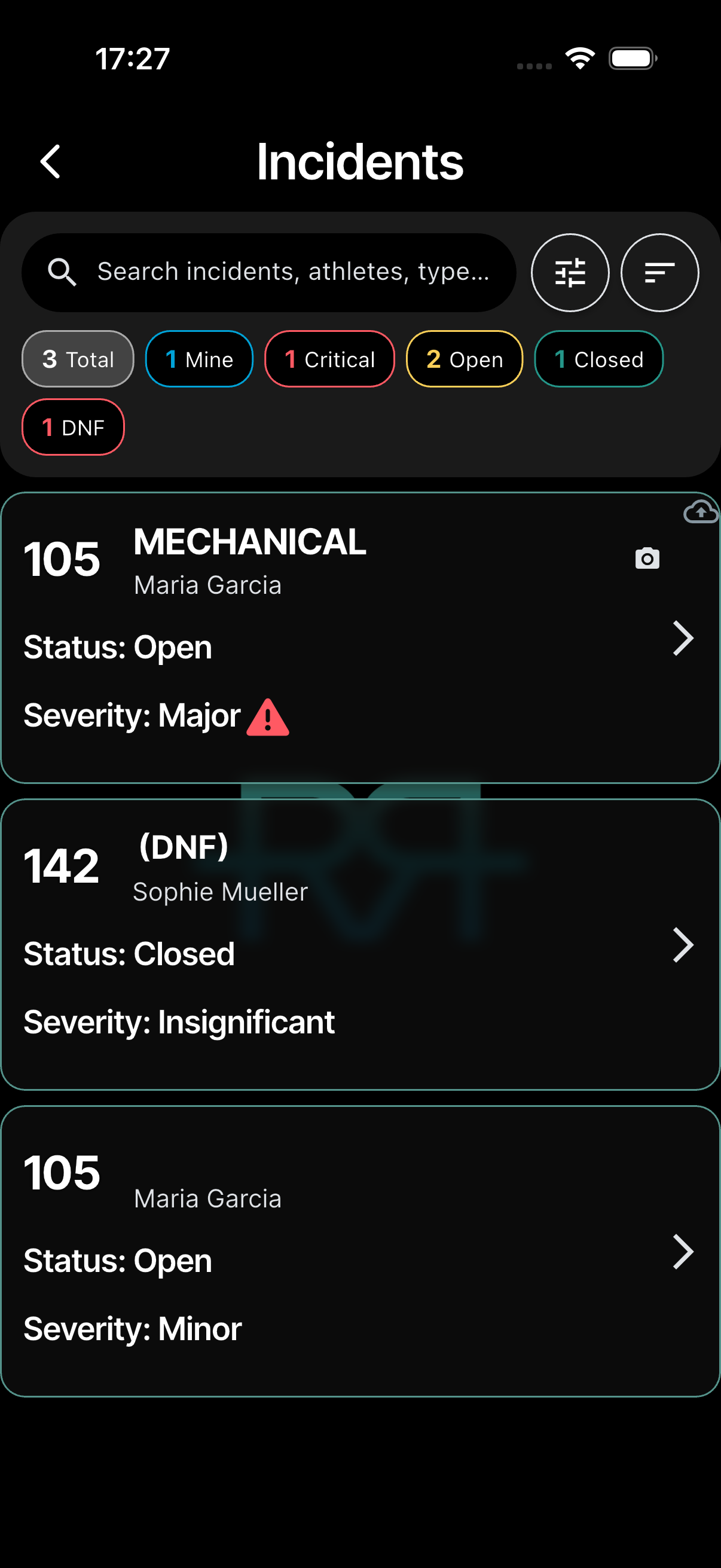 Incident list with filter chips and sort icon