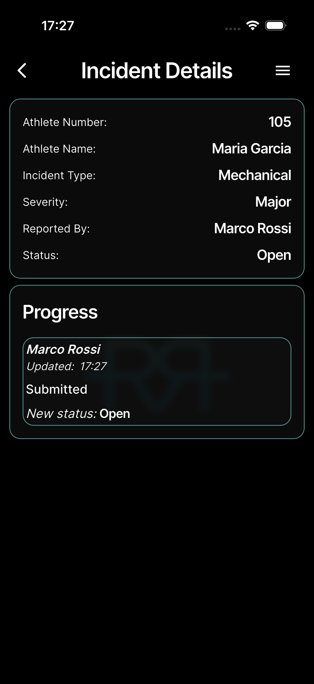 Incident review screen with details and status history