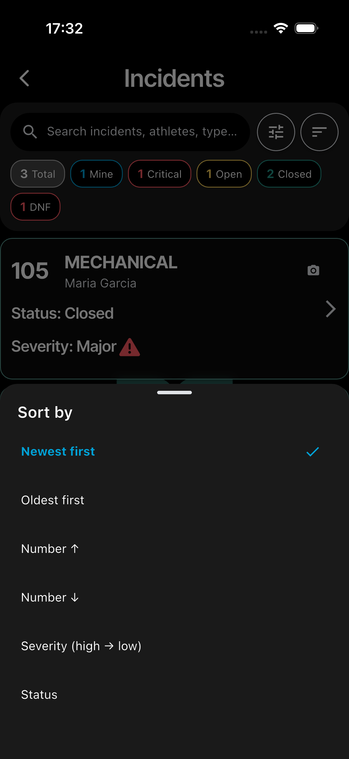 Sort incidents bottom sheet