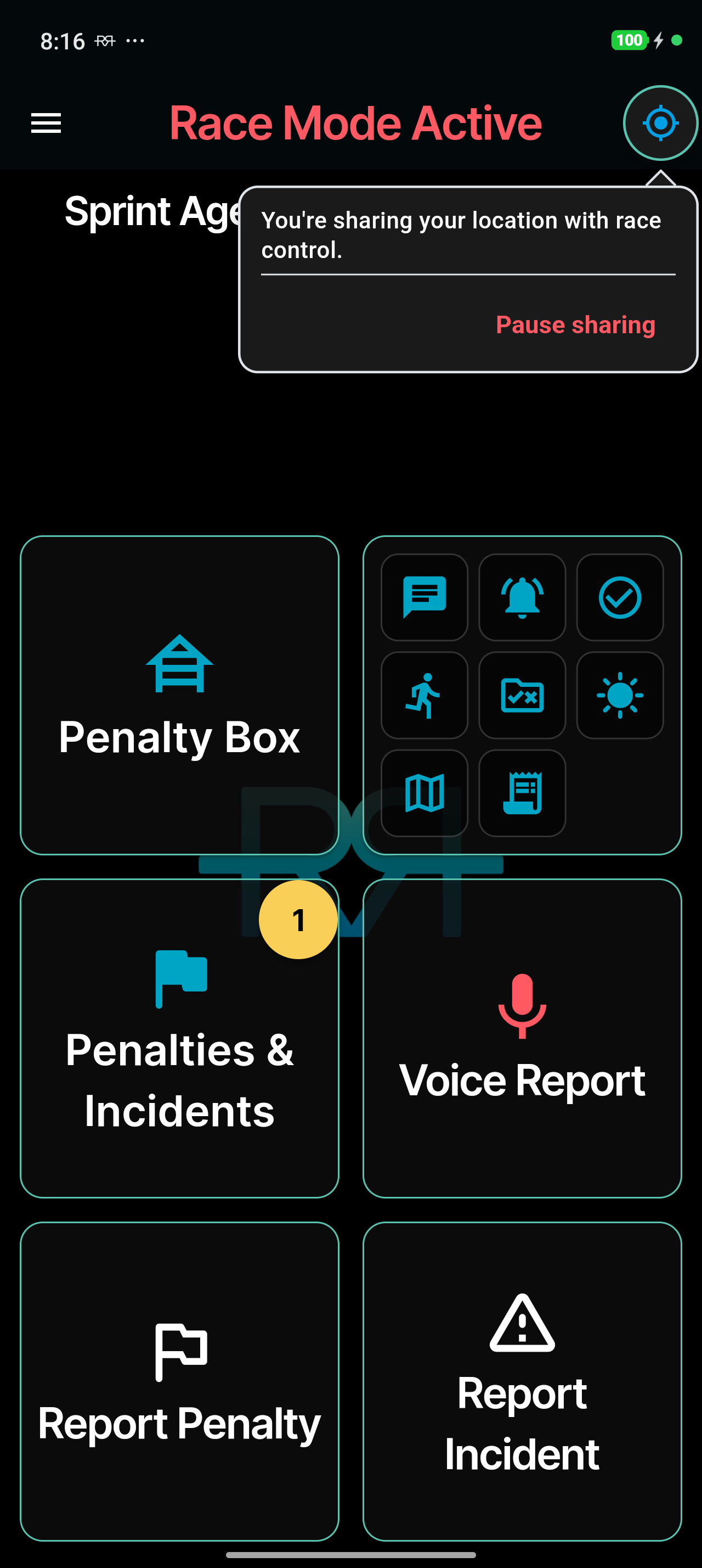 Location button tapped: you're sharing your location with race control