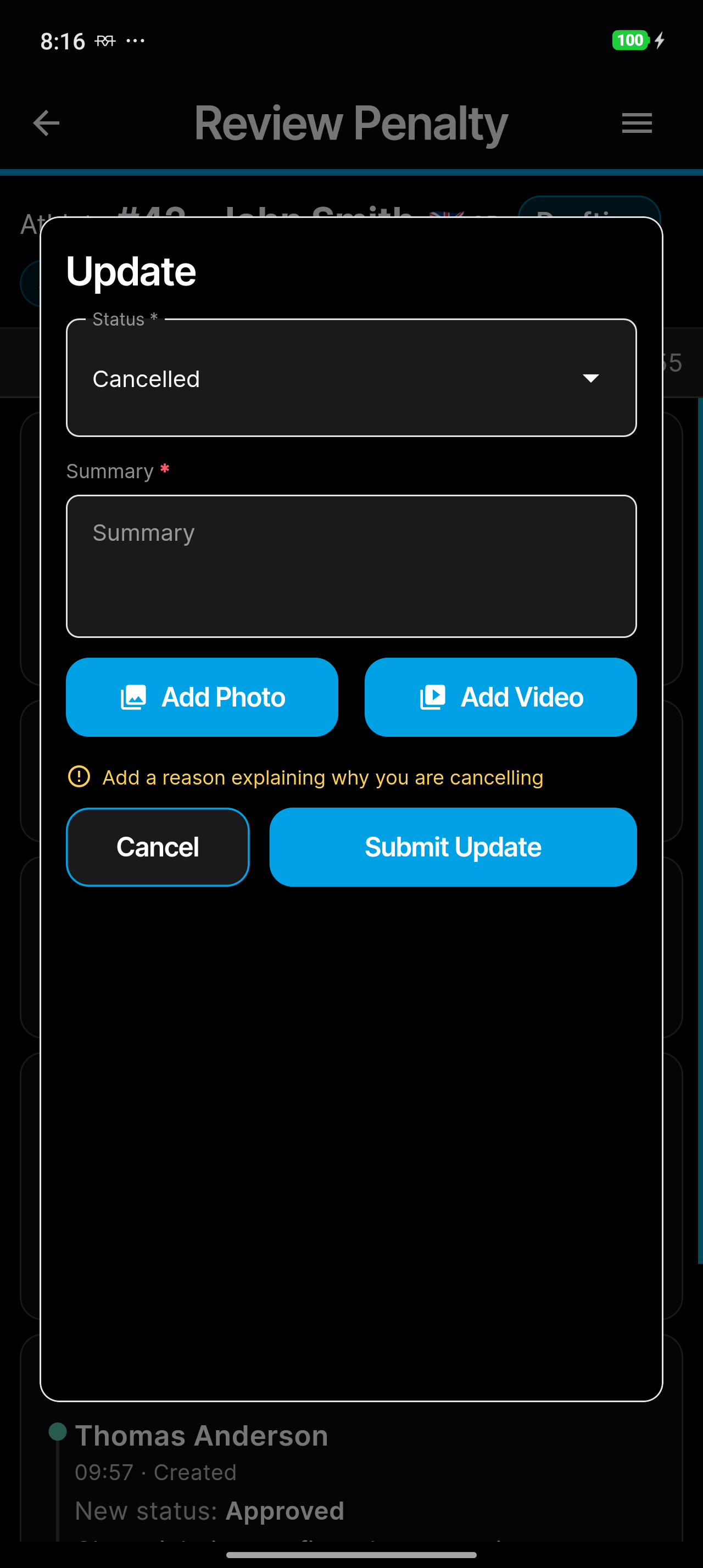 Cancelling a penalty: the summary is required and a hint asks for a reason