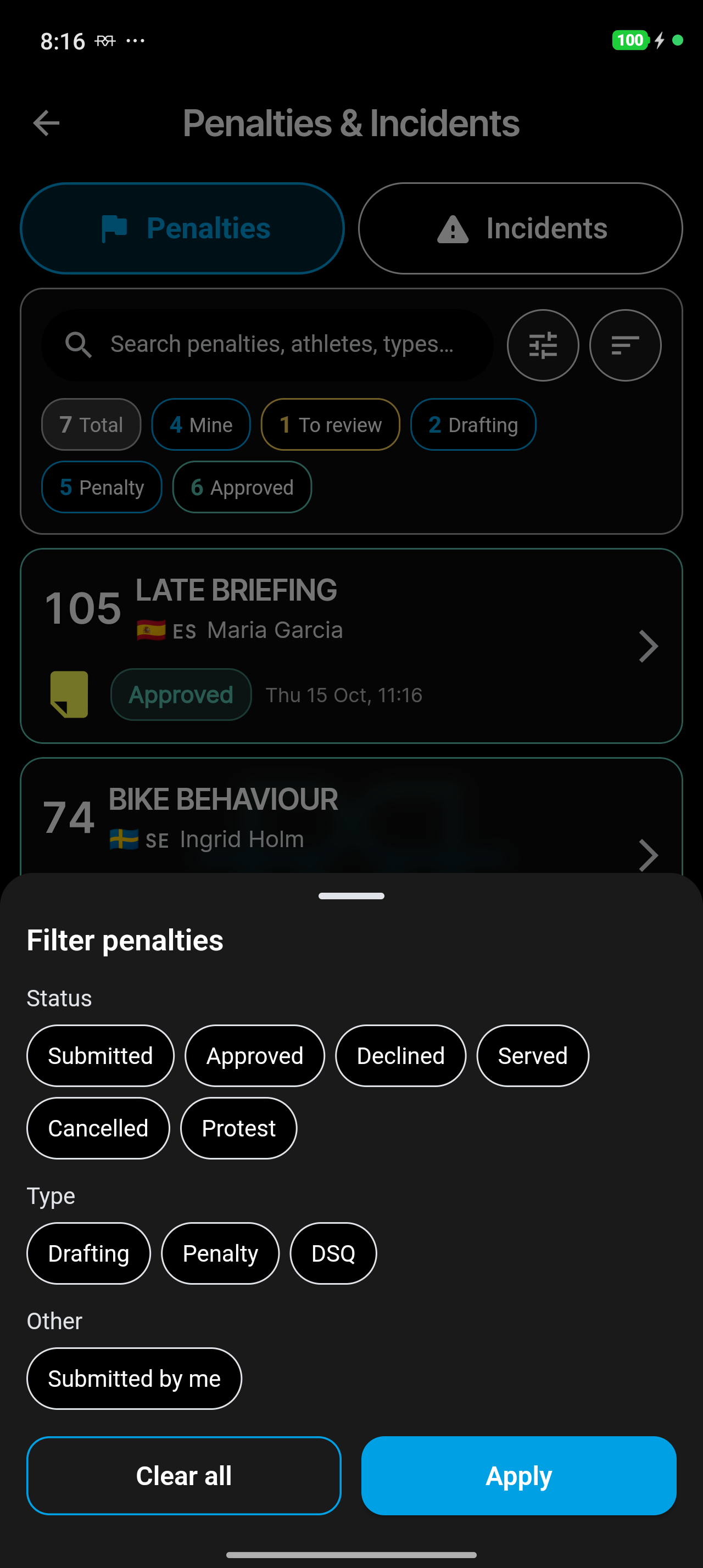 Filter penalties sheet with status and type chips
