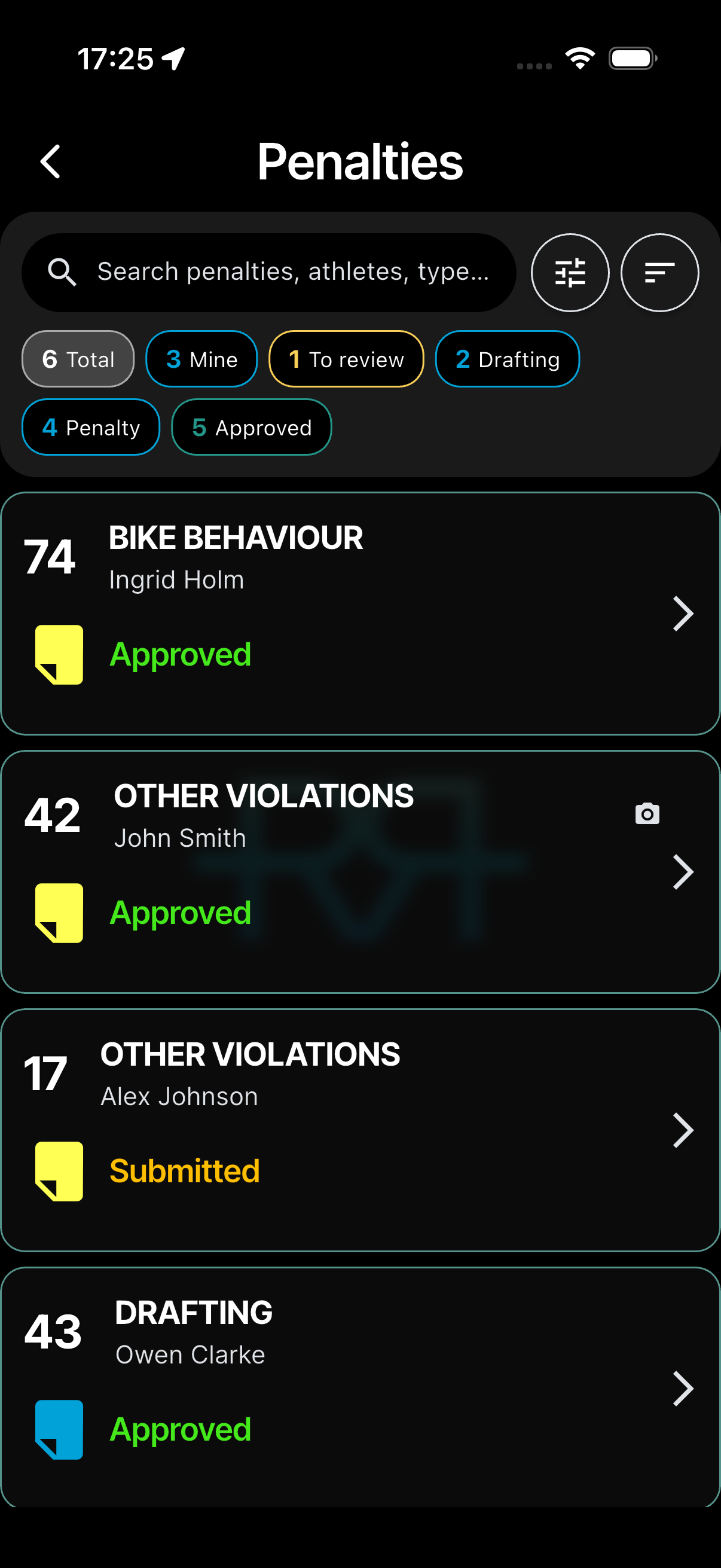 Penalty list with filter chips and sort icon