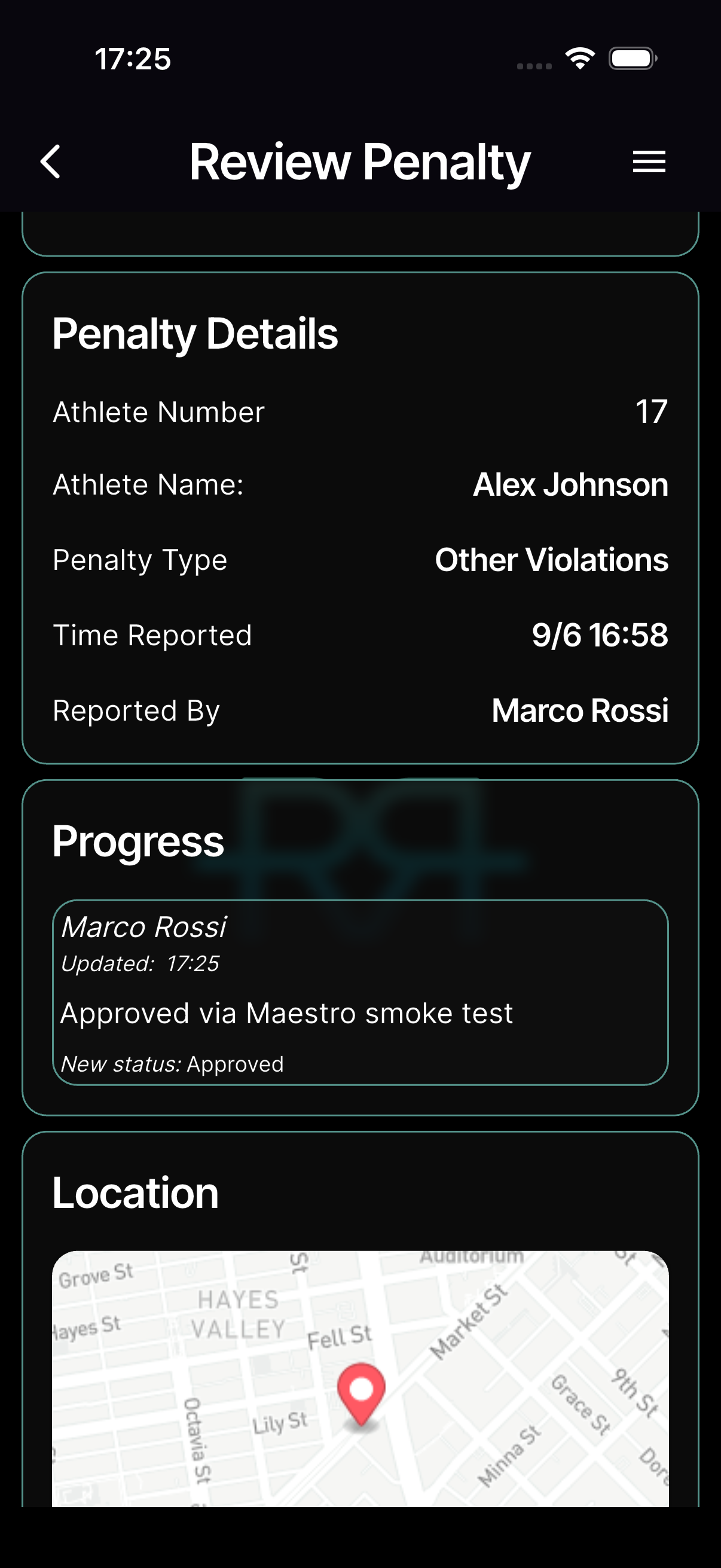 Penalty review screen with full details, status, and map