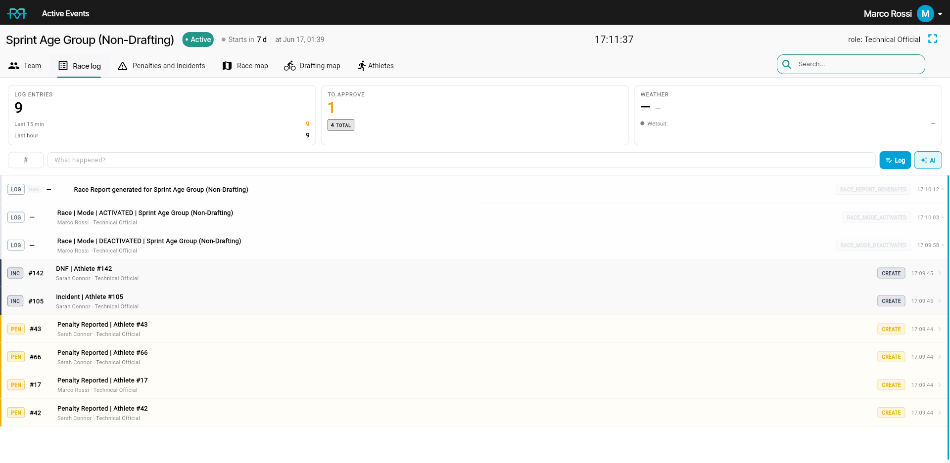 Race Control Center — Race log with audit entries and weather summary