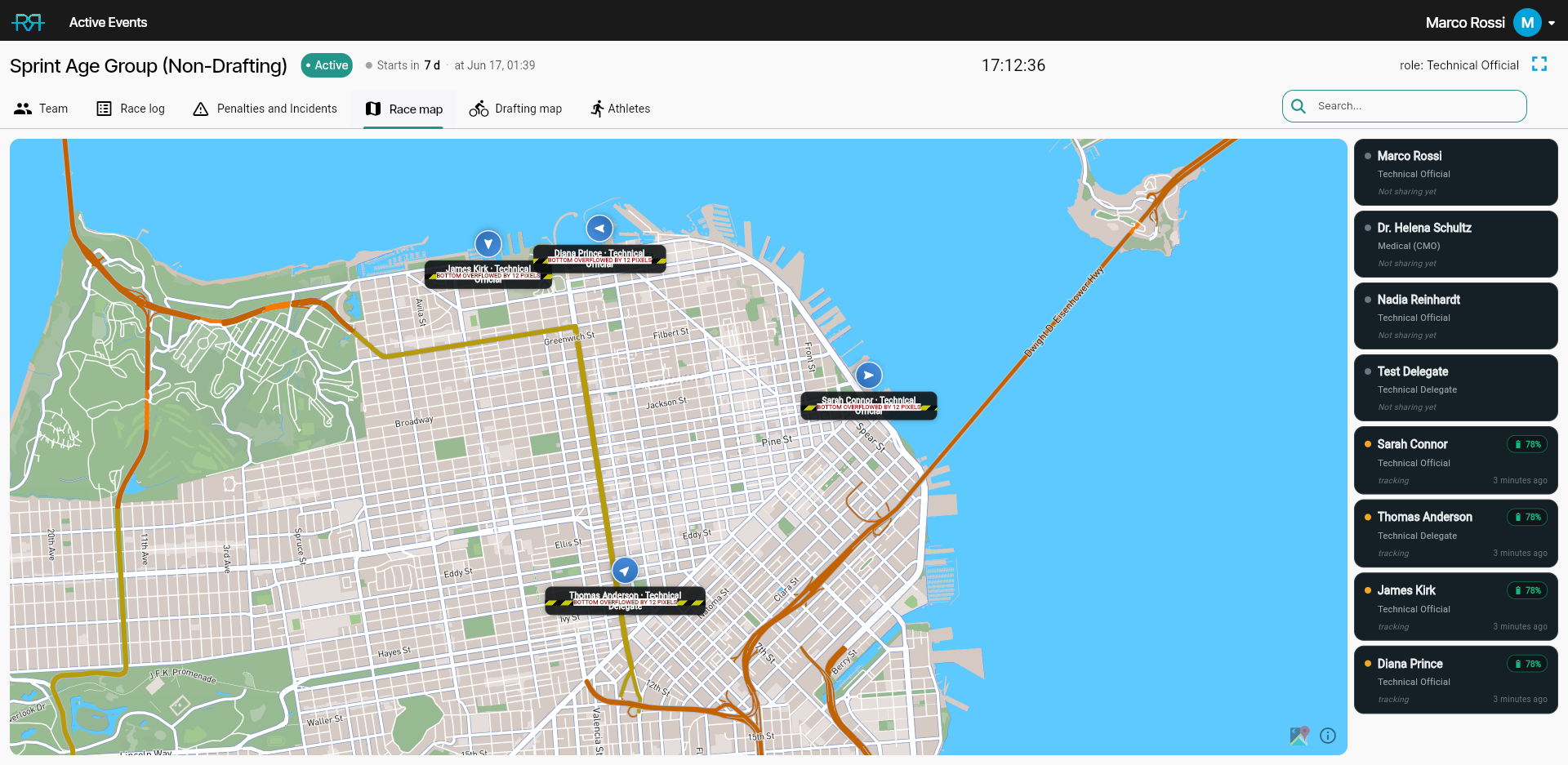 Race Control Center — Race map with athlete markers and officials panel