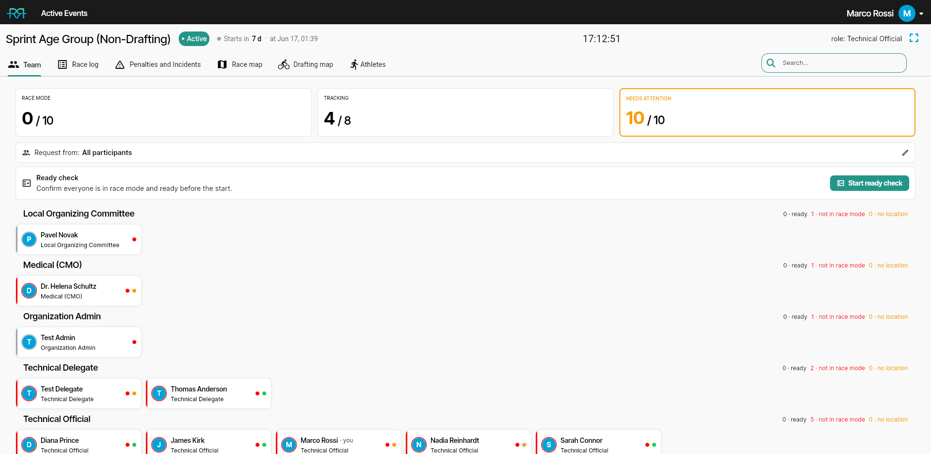 Race Control Center — Team tab grouping officials by role