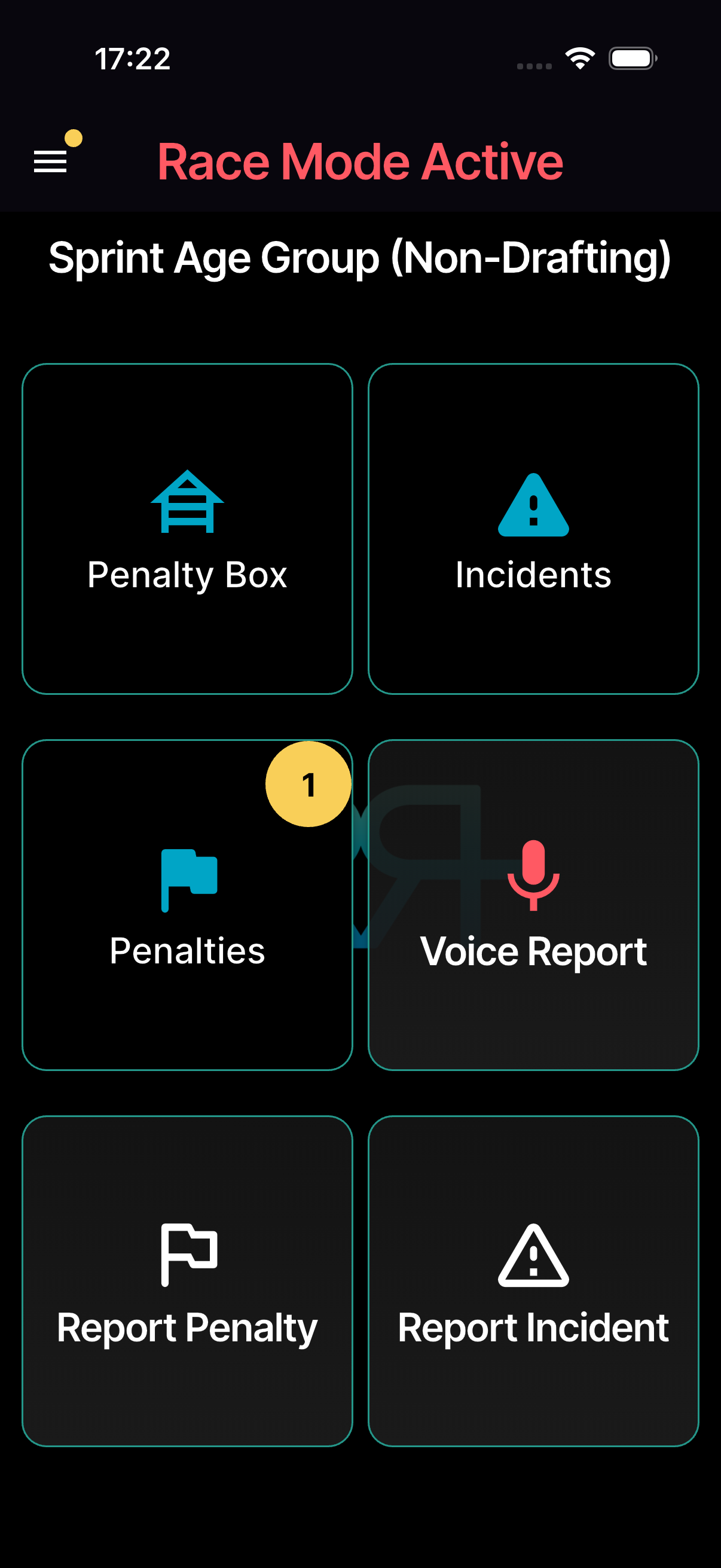 RaceRanger race mode — the officiating home screen an official works from during a race
