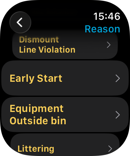 Reason list on the watch with penalty types