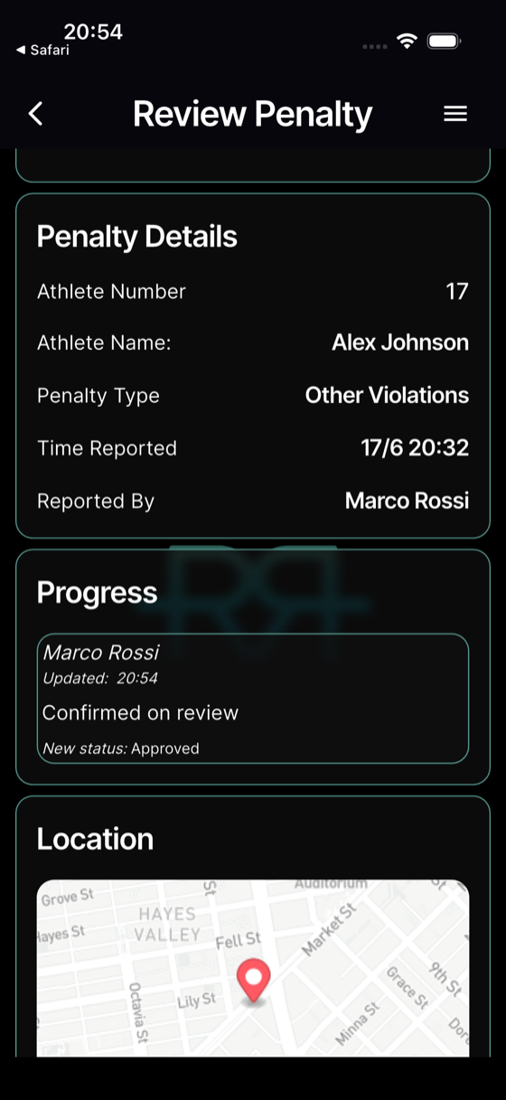 Done — the penalty now reads **Approved** in its progress log.