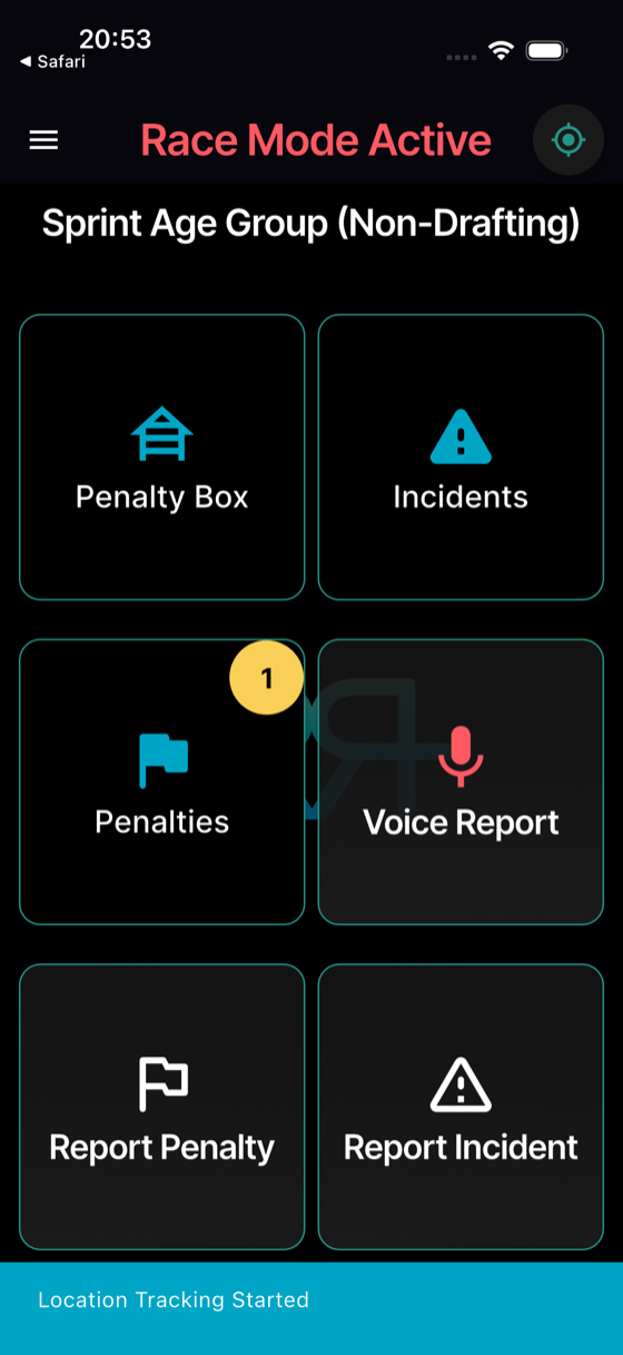 **Race Mode Active** — your home base: Penalty Box, Incidents, Penalties, Voice Report, Report Penalty, Report Incident.