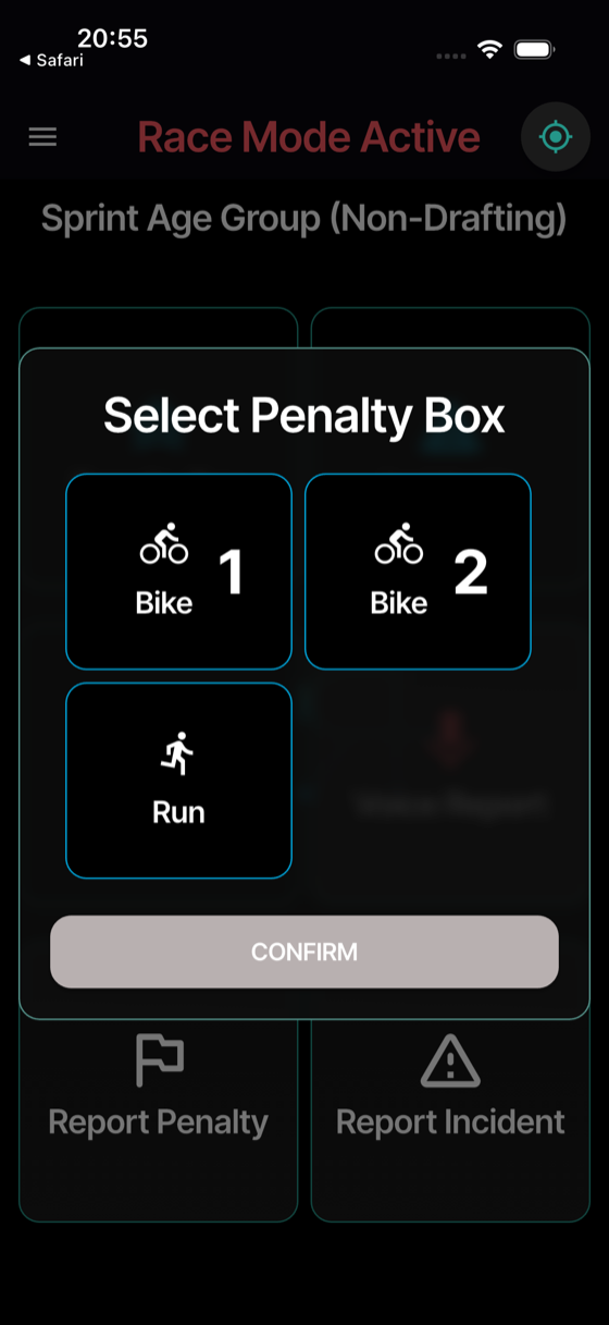 Open the **Penalty Box** tile; on multi-box races, pick a box.