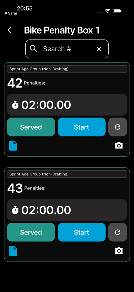 Each athlete serving shows their number and countdown, with **Served** and **Start** buttons.