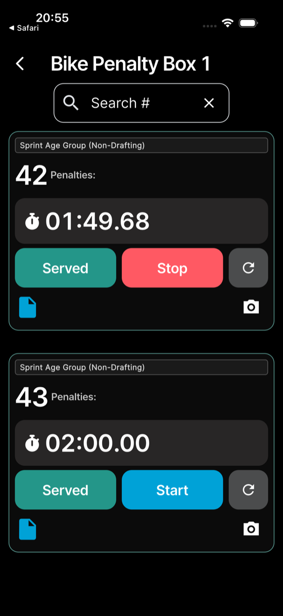 Tap **Start** to run the timer — it counts down live. Tap **Served** when the athlete leaves the box (**Stop** just pauses it).