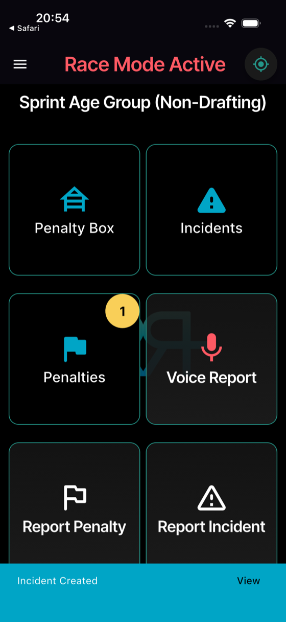 Done — the incident is recorded and you're back at Race Mode.