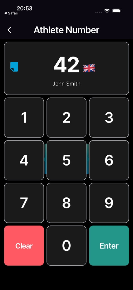 Type the athlete's number on the keypad — the name resolves — then tap **Enter**.
