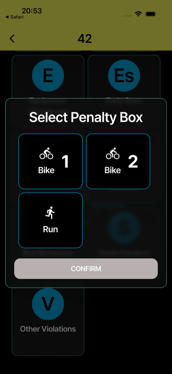 On multi-box races, choose which penalty box, then **Confirm**.