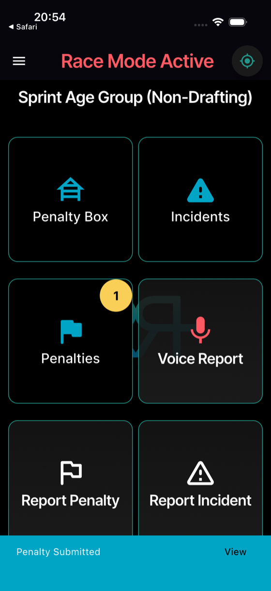Done — the penalty is recorded and you're back at Race Mode.